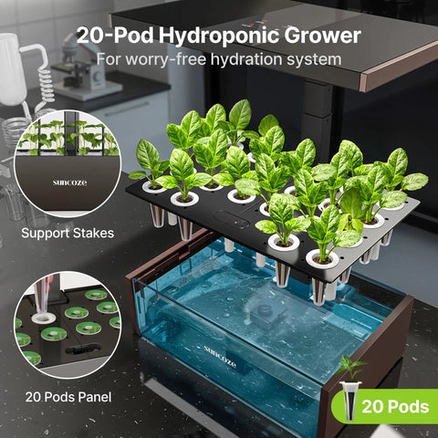 Indoor Hydroponics Growing System Kit With 20 Pod Garden For Homegrown Herbs And Veggies, 10 Liter Water Tank, Black base.