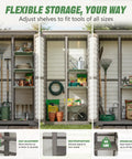 Store More In Less Space Slender Outdoor Storage Cabinet with adjustable shelves, tall tool organizer, backyard and garden use