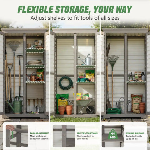 Store More In Less Space Slender Outdoor Storage Cabinet with adjustable shelves, tall tool organizer, backyard and garden use