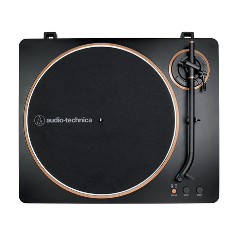 Audio Technica At-Lp70x Fully Automatic Belt Drive Turntable With Switchable Phono Preamp And At-Vm95c Cartridge For Vinyl Lovers, sleek black and bronze finish.