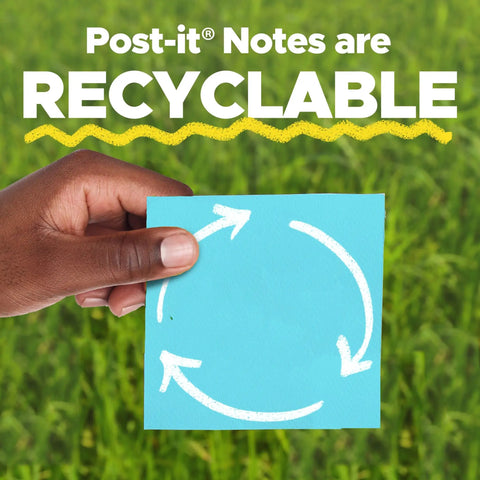 Hand holding blue recyclable note in field with text 'Post-it Notes are Recyclable'