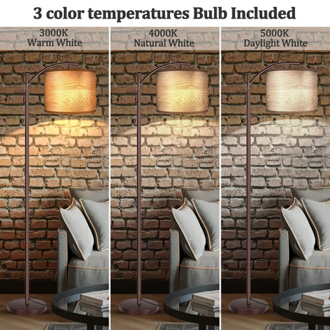 Tall Industrial Floor Lamp With LED 9W Bulb Wood Grain Shade Oil Rubbed Bronze Finish Foot Switch 3 Color Temperatures