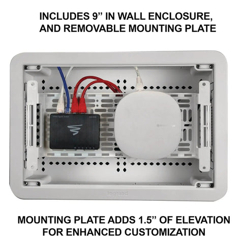 9 Inch In Wall Media Box for device and cable management with customizable knockouts and removable mounting plate in white