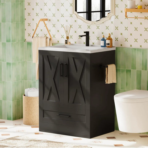 Upgrade Your Setup With This Slick 24 Inch Farmhouse Bathroom Vanity Featuring An Integrated Sink And Plenty Of Storage Cabinet Space In Sleek Matte Black For Clean Rustic Style That Hits Different