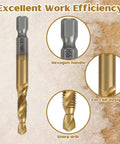 Closeup of Six Piece Metric Drill And Tap Set M3 To M10 With Titanium Coated Carbon Steel Bits showing hex shank and features.