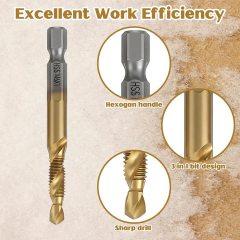 Closeup of Six Piece Metric Drill And Tap Set M3 To M10 With Titanium Coated Carbon Steel Bits showing hex shank and features.