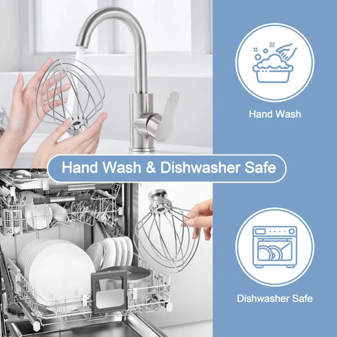 Stainless Steel 6-Wire Whip Attachment for Tilt-Head Stand Mixers Replacement K45SS Compatible, shown hand washing and dishwasher safe