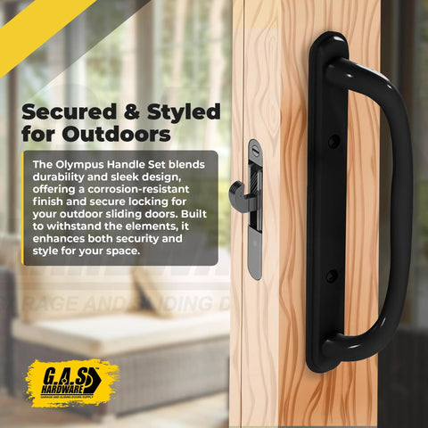10 Inch Olympus Sliding Patio Glass Door Offset Pull Handle Set Replacement Non Keyed Black Finish installed on wood door