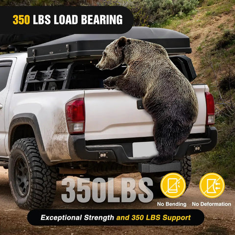 Bear image demonstrating 350 lbs load bearing on truck with 2-Inch Hitch Step With 11.9 Inch Textured Anti Slip Bar And Rear Bumper Guard.