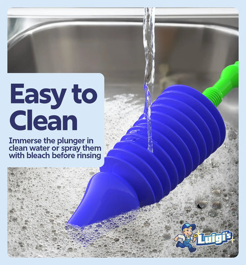 Water Powered Heavy Duty Toilet Plunger With Bellows Design Slim Targeted Nozzle Clears Clogs Fast On Any Toilet Works On Low Flow Elongated Or Modern Toilets Unblocker For Bathroom Use Blue being cleaned in a sink
