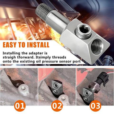Oil Pressure Sensor Thread Adapter 1/8-27 NPT Port Plug for GM Chevy Small Block 305 350 Engines shown with installation steps