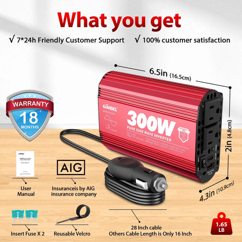 300W Pure Sine Wave Car Power Inverter with PD 30W Type C, QC 3.0 USB, dual USB ports, two AC outlets, accessories included