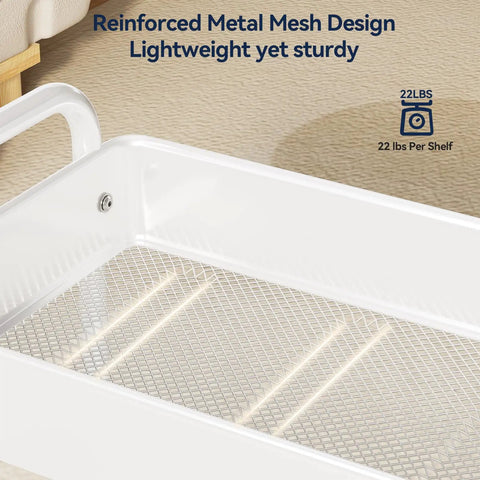 Close-up view of Metal 3 Tier Rolling Cart With Lockable Wheels, Heavy Duty Utility Cart For Garage Or Workshop, Mesh Storage, White