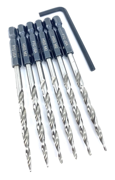 Top Shelf Six Piece Replacement Tapered Countersink Drill Bits In Heavy Duty 11 64 Inch Hex Shank with easy grip wrench.