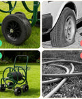 4 Wheel Garden Hose Reel Cart With Storage Basket Portable Hose Cart For Lawn Garden Backyard And Farm Easy Roll Design With Non Slip Crank Grip And Foam Handle Fits 300 Ft Of Five Eighth Inch Or Four Hundred Ft Of One Half Inch Hose No Fuss Operation in garden with hose.
