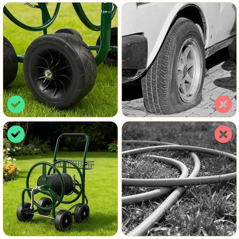 4 Wheel Garden Hose Reel Cart With Storage Basket Portable Hose Cart For Lawn Garden Backyard And Farm Easy Roll Design With Non Slip Crank Grip And Foam Handle Fits 300 Ft Of Five Eighth Inch Or Four Hundred Ft Of One Half Inch Hose No Fuss Operation in garden with hose.