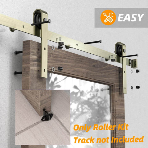 Brushed Gold Barn Door Hardware Kit For Interior Doors Heavy-Duty Carbon Steel Sliding Roller Set installed