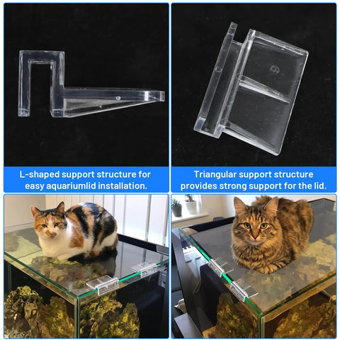 L-shaped clear acrylic clip and triangular support structure for Heavy Duty Support Clamps in Lock Down 8 Pack Clear Acrylic Aquarium Lid Clips.