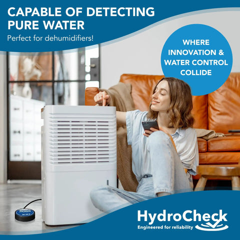 Woman using HydroCheck Smart Water Leak Detector Alarm for home and basement, USA made water sensor next to dehumidifier