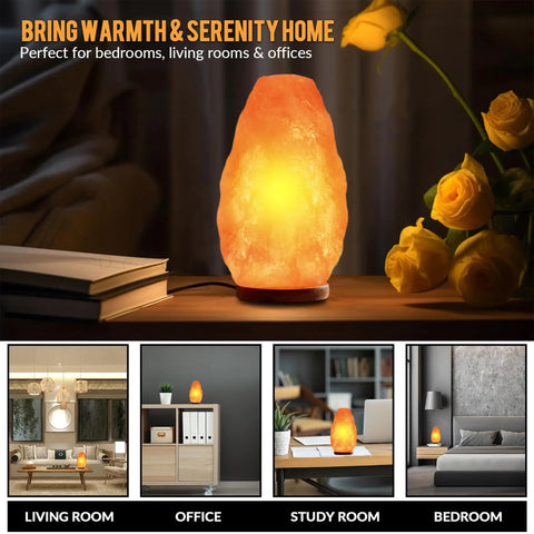 Himalayan Glow Natural Pink Salt Lamp Hand Mined In The Himalayan Mountains Crystal Night Light With ETL Brightness Dimmer Switch Wooden Base 6 To 8 Lbs Salt Lamp Calming Amber Glow Gift Box Included on a table with books and flowers, lit for warm ambiance in various rooms.