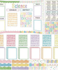 Totally All In One Science Fair Board Kit With 72 Glitter Candy Borders 36 Pastel Subtitles 6 Self Adhesive Project Titles 8 Letter Sticker Sheets And 2 Dot Sheets For Classroom Decor And Project Presentations showing pastel themed setup