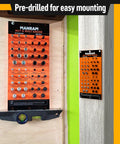 Nut and bolt gauge board by Manram; orange all-metal thread checker showing standard and metric sizes, wall-mounted