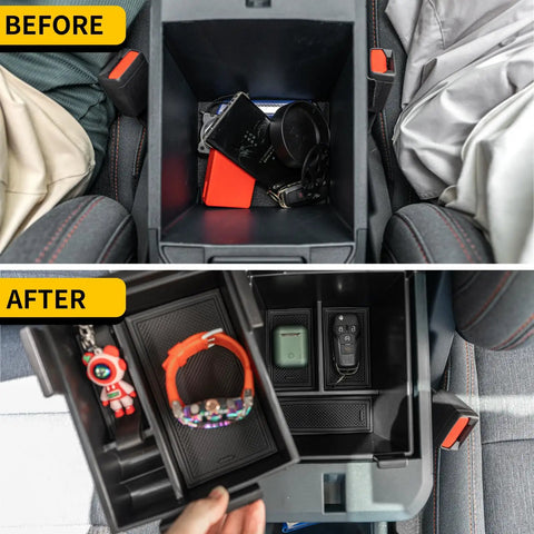Ford Maverick Center Console Organizer Tray With Silicone Pad For 2022 Through 2026 Models, ABS Plastic Armrest Storage Box Before and After