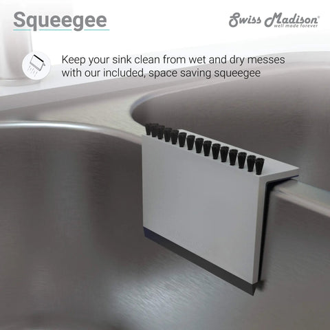 Squeegee attached to stainless steel kitchen sink edge for cleaning, shown on Ouvert 25 By 22 Inch Stainless Steel Kitchen Sink Single Basin Top Mount With Rear Center Drain 18 Gauge Heavy Duty Built To Last Rounded Corners For Easy Cleaning Everyday Use.