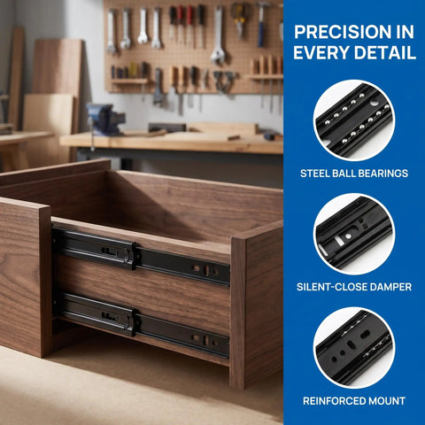 Close-up of Premium Two Set Side Mount Drawer Slide Rails Six Inch Full Extension Ball Bearing Runners installed in a drawer.