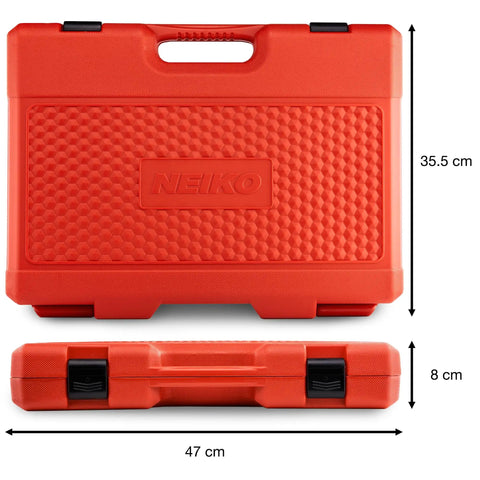 Orange carrying case for Impact Socket Set Three Eighths Inch Drive 67 Piece Master Kit with dimensions marked 47x35.5x8 cm