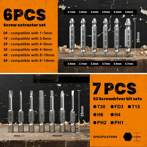 Go To 13 Piece Damaged Screw Extractor Kit For Removing Rusted And Stripped Screws And Bolts with shown double head extractors.