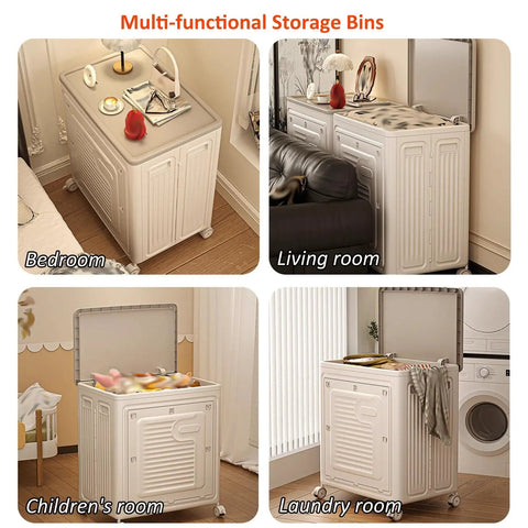 Roomy Foldable Clothes Storage Bin With Tight Seal Lid And Easy Roll Wheels, 125 Quart Heavy Duty Closet Organizer in bedroom and living room settings.