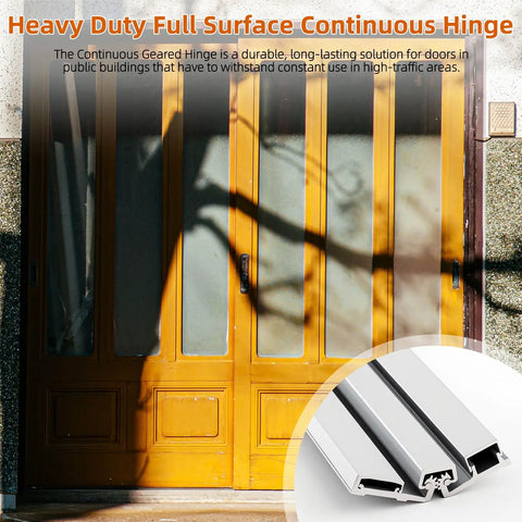 Rock Solid 83 Inch Heavy Duty Anodized Aluminum Continuous Geared Hinge With Center Pivot And Tamperproof Frame Built To Last For Busy Storefront Door Fixes In Silver on entrance door.