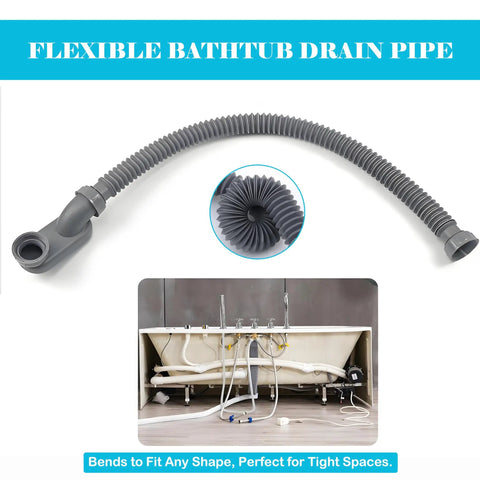 Flexible 1.5 inch low profile bathtub drain pipe for clawfoot tubs with adaptable design for tight spaces.