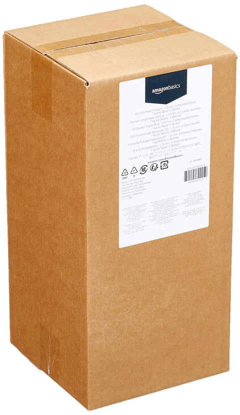 Top Shelf PLA 3D Printer Filament At 1.75mm, Five Pack Assorted Colors, One KG Per Spool packaging side view.