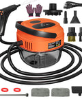 Hi-Temp Handheld Steam Cleaner 2500W with attachments, 3 bar pressure, 1.7L tank, orange body, steam output control