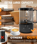 Cafe Quality Home Coffee Bar 350ml Milk Frother And Steamer With Four Modes For Hot And Cold Foam shown with extra large capacity