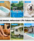 Image showcasing various uses for the Beefed Up 3500W Immersion Water Heater Dishes Out Insta Hot Water For Bathtub Stock Tank Or Pond Hookups With Zero Fuss Plug And Play Auto Temp Lock System.
