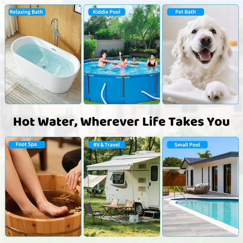 Image showcasing various uses for the Beefed Up 3500W Immersion Water Heater Dishes Out Insta Hot Water For Bathtub Stock Tank Or Pond Hookups With Zero Fuss Plug And Play Auto Temp Lock System.