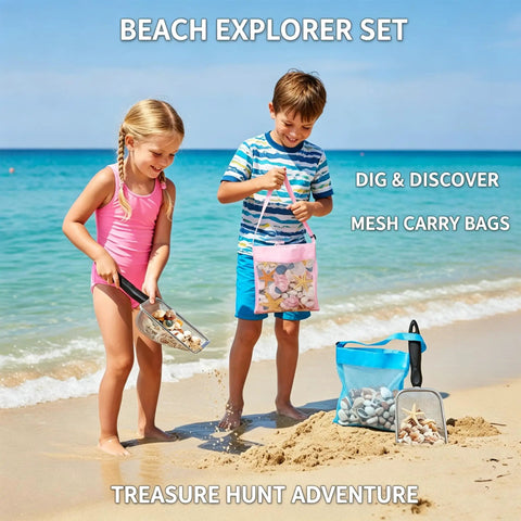 Two Pack Shark Tooth Sifter Set With 3.8mm Mesh Sand Sifters And Shell Bags For Beachcombing with kids playing on beach