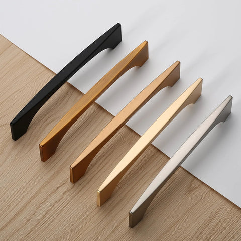 Various cabinet handles displayed, including a 10 Pack 5 Inch Brushed Satin Nickel Cabinet Handles For Kitchen Cabinets Cupboards And Drawers with smooth finish.