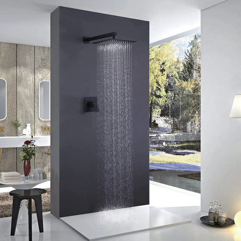 Matte Black Shower Faucet Set With Rain Shower Head And Handle, Wall Mounted Shower Trim Kit With Solid Brass Rough-In Valve in use