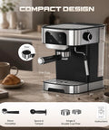 Level Up Your Daily Grind With This Dope Compact Espresso Machine Featuring 20 Bar Pressure Pump Led Touch Panel And One Touch Milk Frother For Smooth Shots Everyday Plus Quick Heat Tech - front view with portafilter, drip tray, and coffee setup.