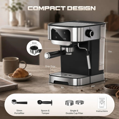 Level Up Your Daily Grind With This Dope Compact Espresso Machine Featuring 20 Bar Pressure Pump Led Touch Panel And One Touch Milk Frother For Smooth Shots Everyday Plus Quick Heat Tech - front view with portafilter, drip tray, and coffee setup.