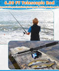 Two Piece Telescopic Fishing Rod And Reel Combo with person fishing by a lake, close-up of rod with preloaded spinning reels