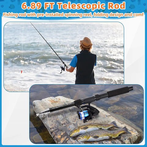 Two Piece Telescopic Fishing Rod And Reel Combo with person fishing by a lake, close-up of rod with preloaded spinning reels