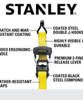 Stanley labeled heavy duty beefy ratchet tie down straps 1.5 inch wide 16 foot long black and yellow 3300 lb break strength four pack