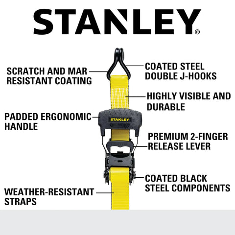 Stanley labeled heavy duty beefy ratchet tie down straps 1.5 inch wide 16 foot long black and yellow 3300 lb break strength four pack