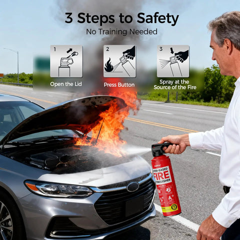 Straight Up Quick Draw Water Based Fire Extinguisher Two Pack For Home Car Or Kitchen Certified Multi Class Safety Easy Trigger Release Clean Water Formula Leaves Zero Dust Includes Wall Mount being used on a car fire.