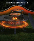 43 Inch Outdoor Fire Pit Table With Two Removable Grills, Lid, And Poker showing grilling food above a wood-burning bonfire.